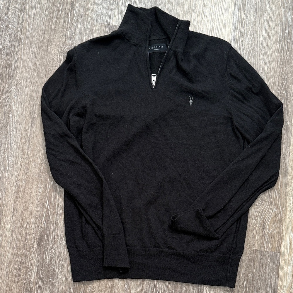 All Saints Men's Zip Up Wool Black Sweater